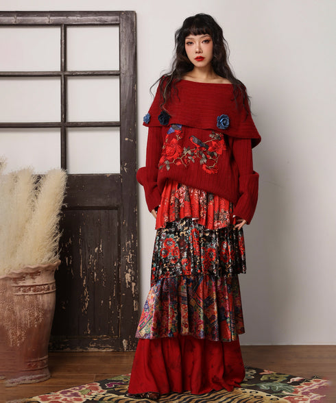 Embroidered Flower Off-Shoulder Knit
